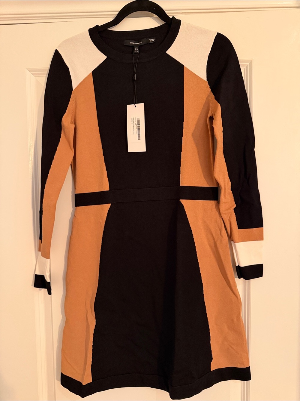 Karen Millen Black, Tan and White Colorblock Long Sleeve Dress